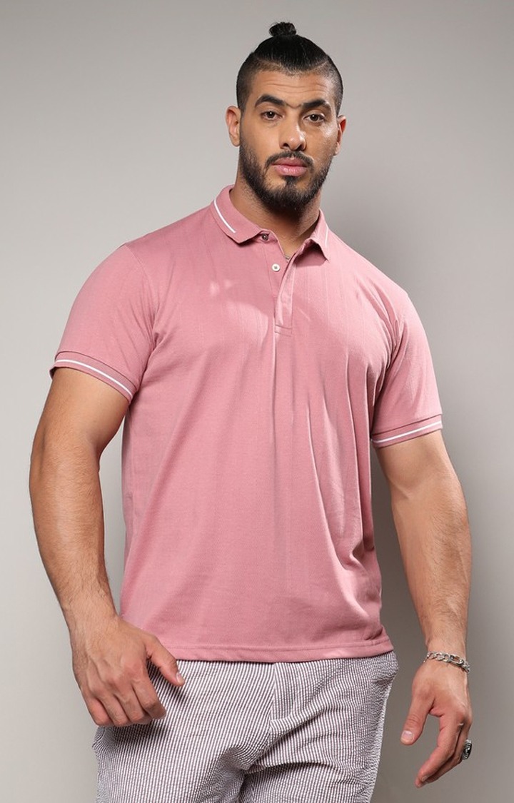 Men's Coral Pink Self-Design Halo Striped T-Shirt