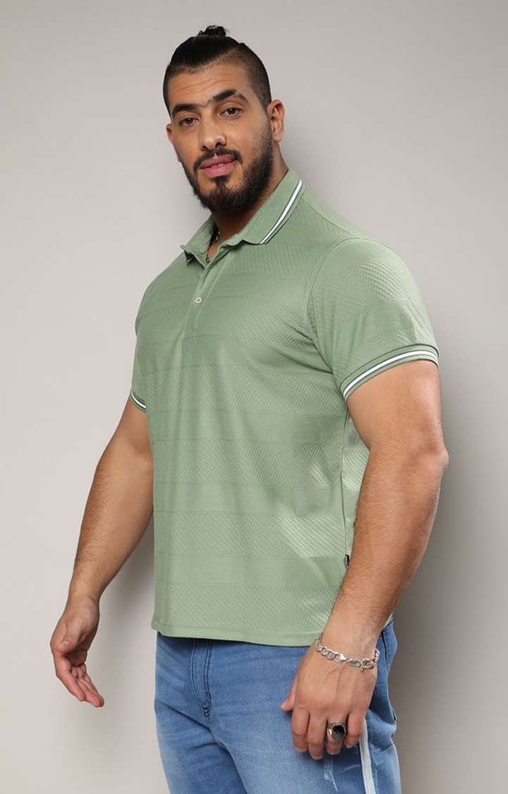 Instafab Plus | Men's Olive Green Self-Design Horizontal Striped T-Shirt