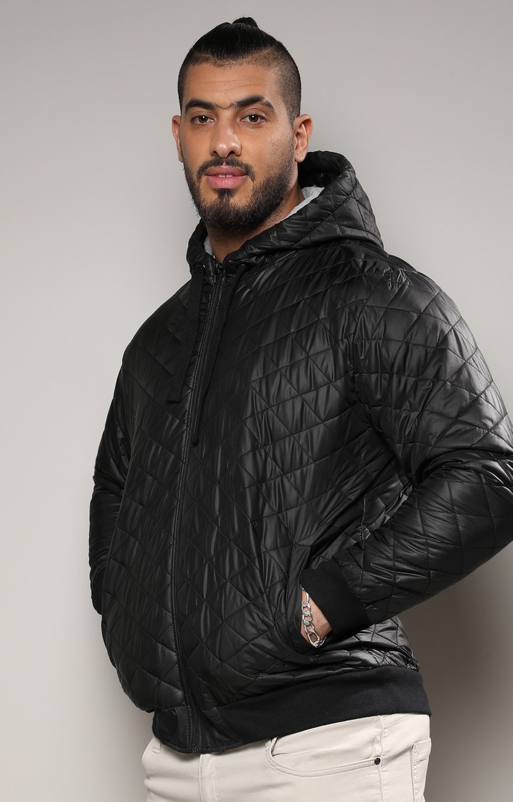 Men's Black Quilted Puffer Jacket With Ribbed Hem
