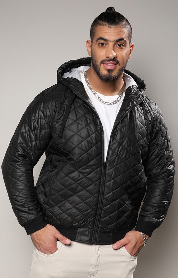Instafab Plus | Men's Black Quilted Puffer Jacket With Ribbed Hem