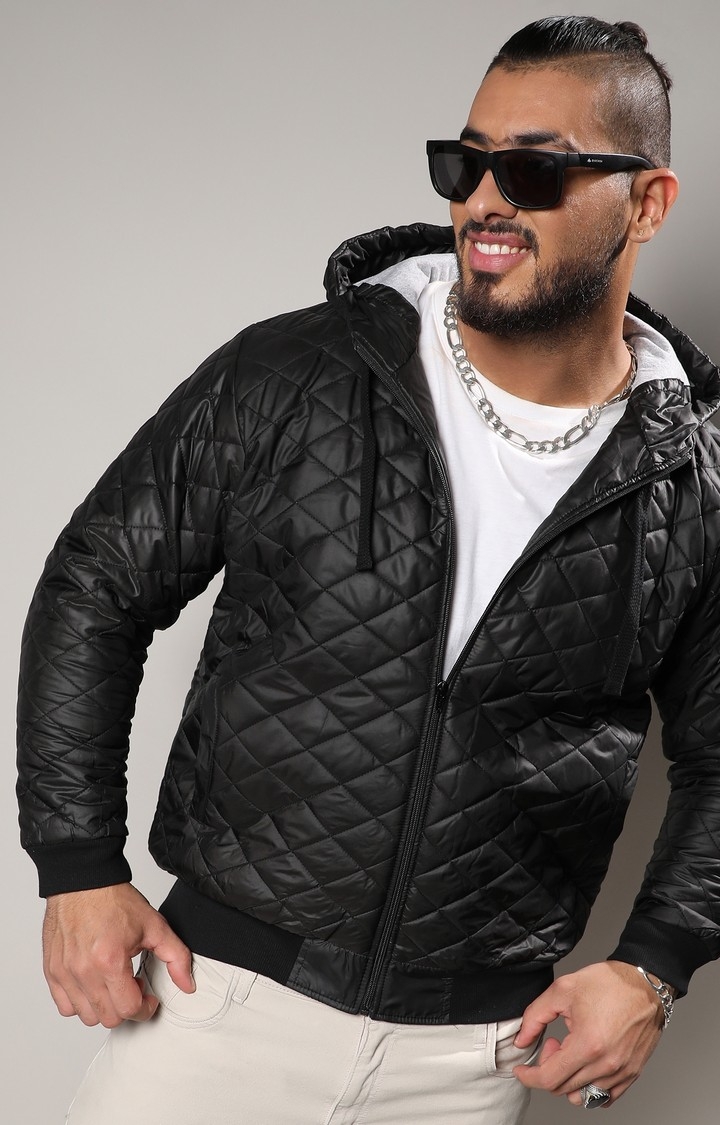 Men's Black Quilted Puffer Jacket With Ribbed Hem