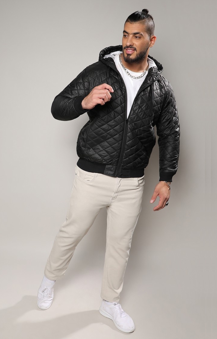 Instafab Plus | Men's Black Quilted Puffer Jacket With Ribbed Hem
