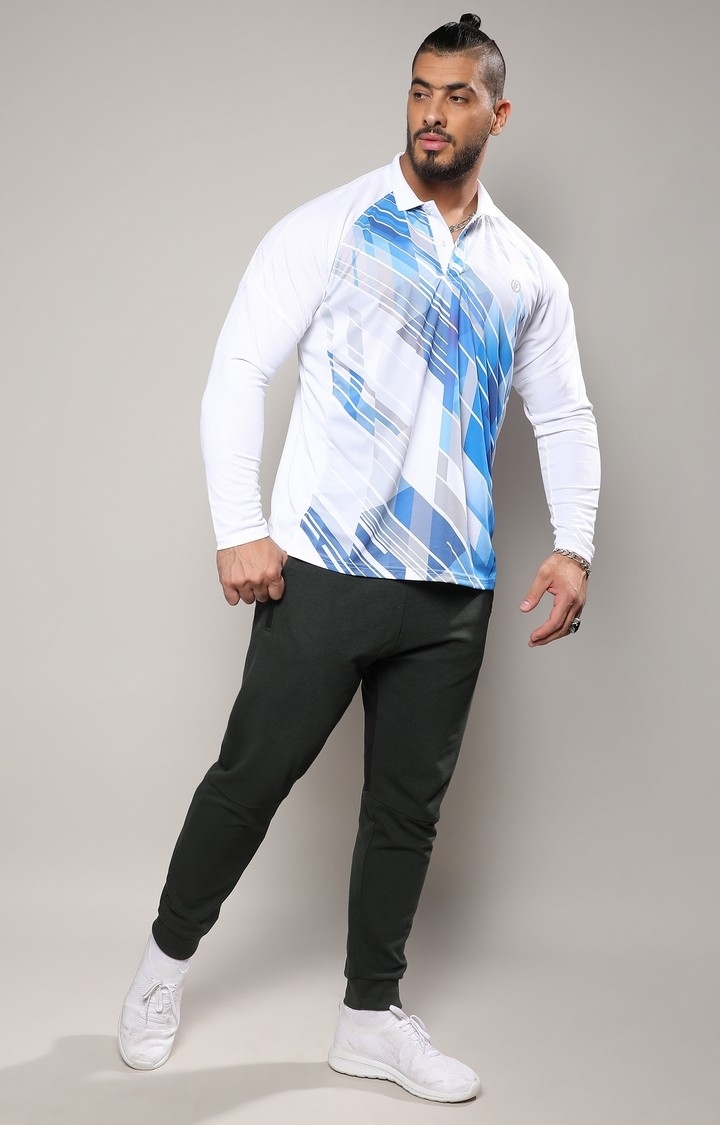 Men's White & Blue Contrast Print Activewear T-Shirt