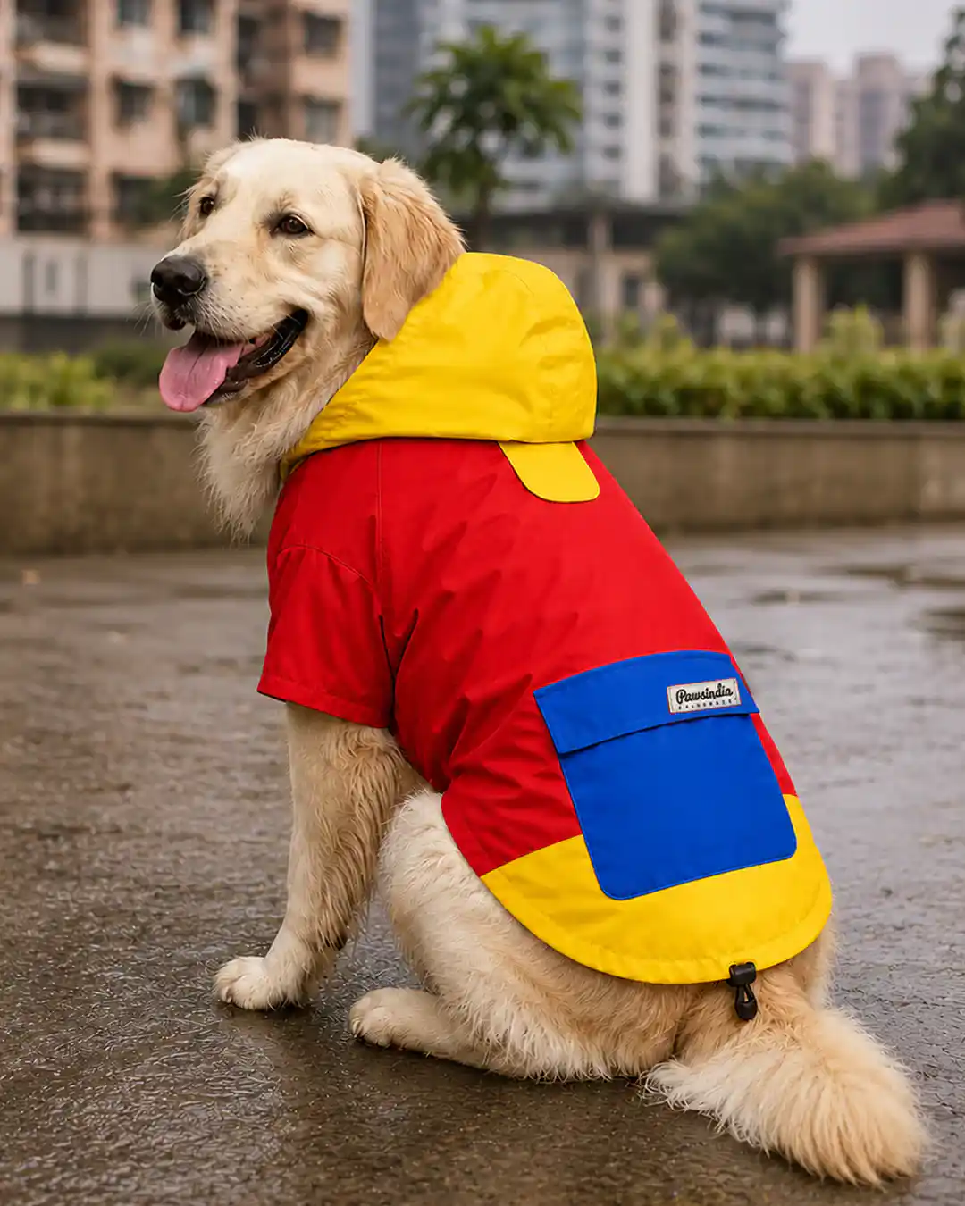 Pawsindia Dog Hooded 360° Raincoat, Red & Yellow