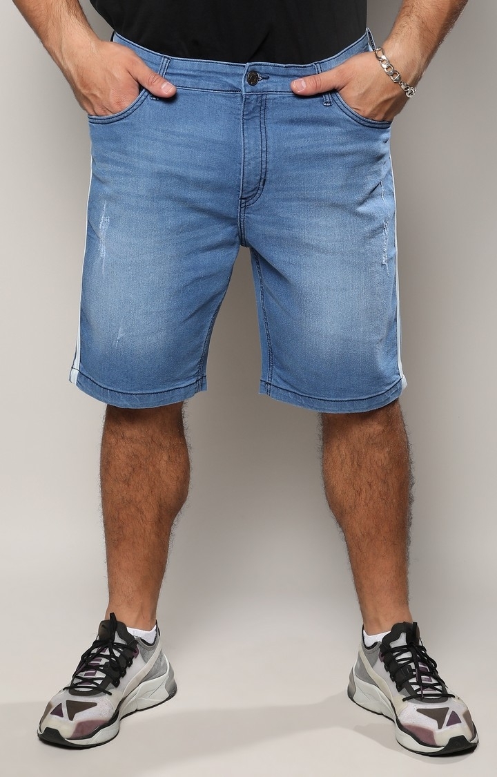 Instafab Plus | Men's Light Blue Side-Striped Denim Shorts