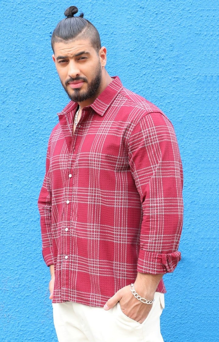 Men's Maroon Checked Casual Shirts