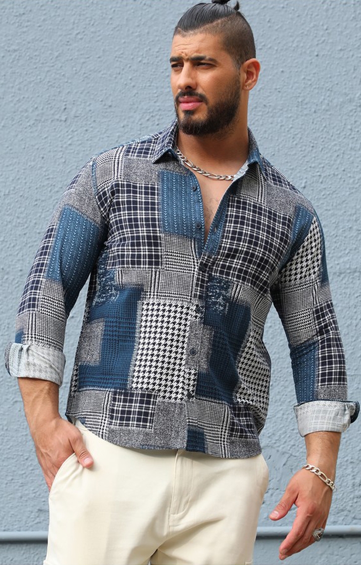 Instafab Plus | Men's Navy Blue Herringbone Block Shirt