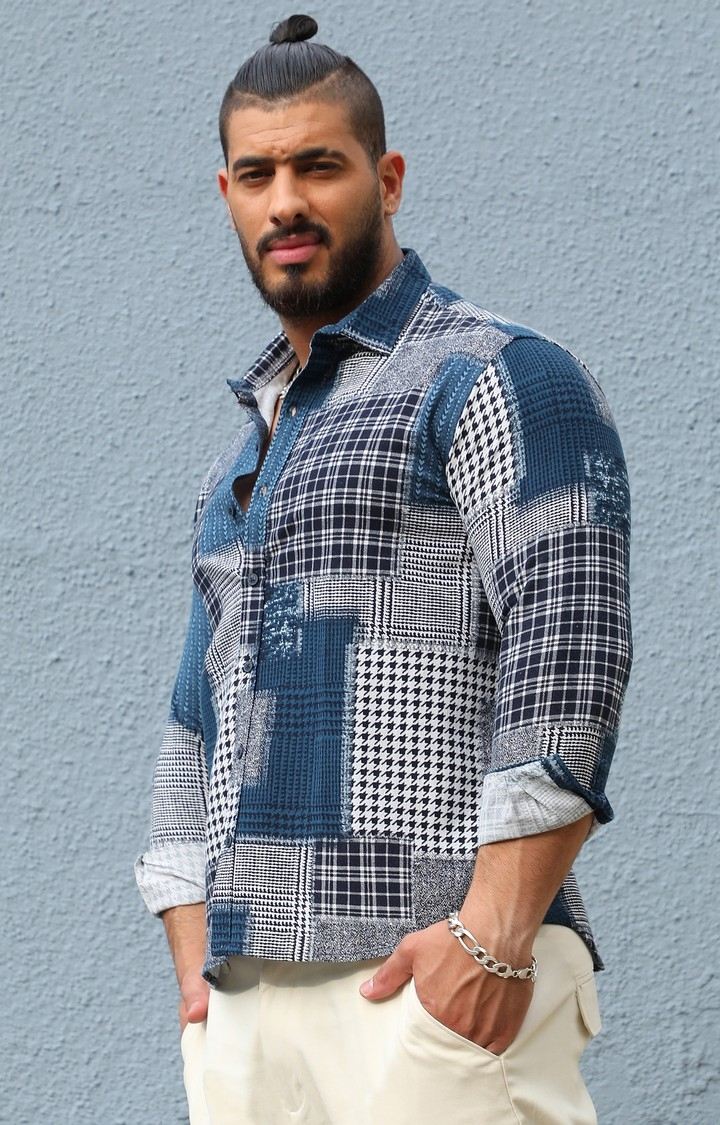 Men's Navy Blue Herringbone Block Shirt