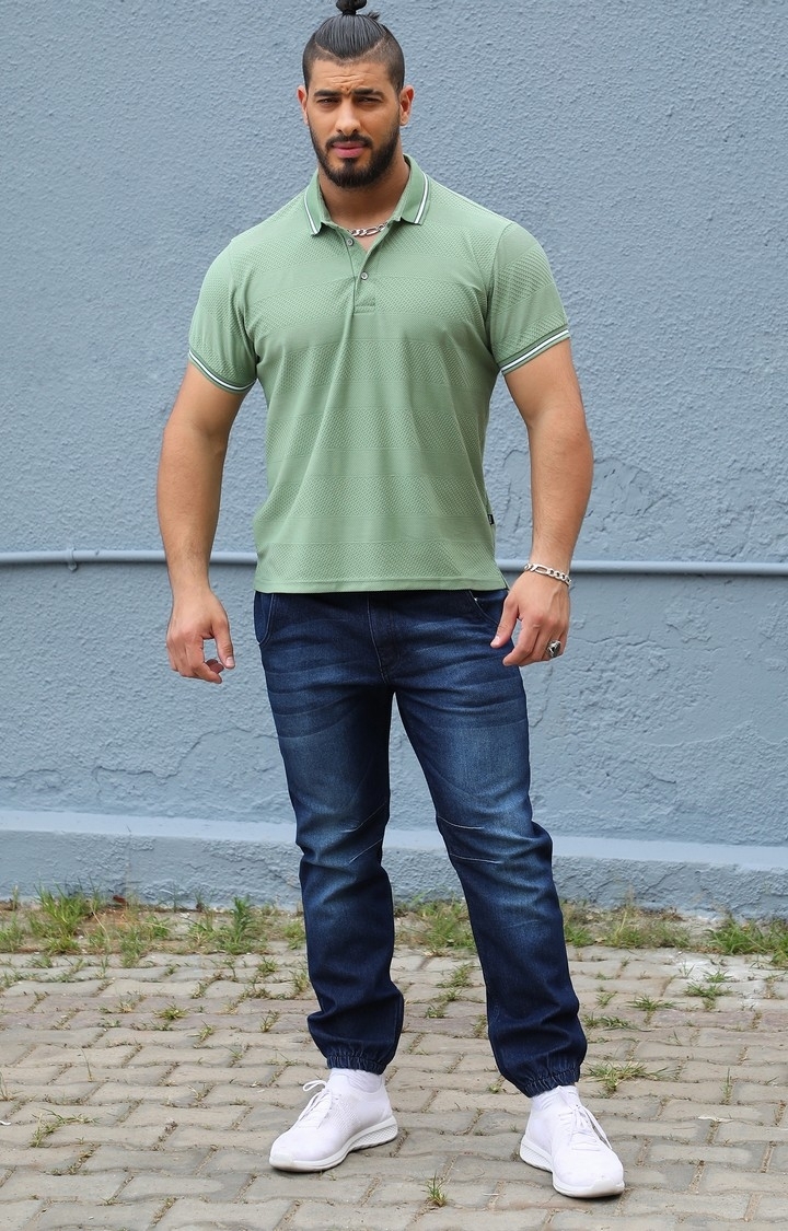 Instafab Plus | Men's Olive Green Self-Design Horizontal Striped T-Shirt