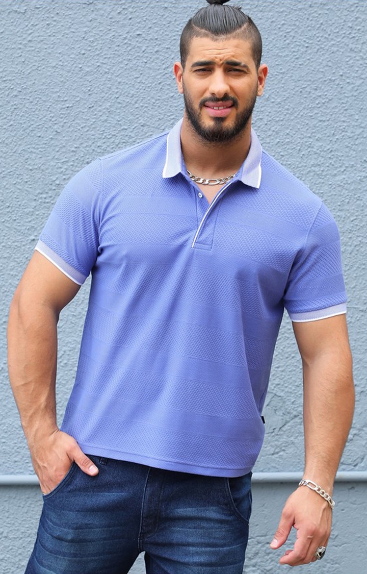 Men's Lilac Self-Design Horizontal Striped T-Shirt