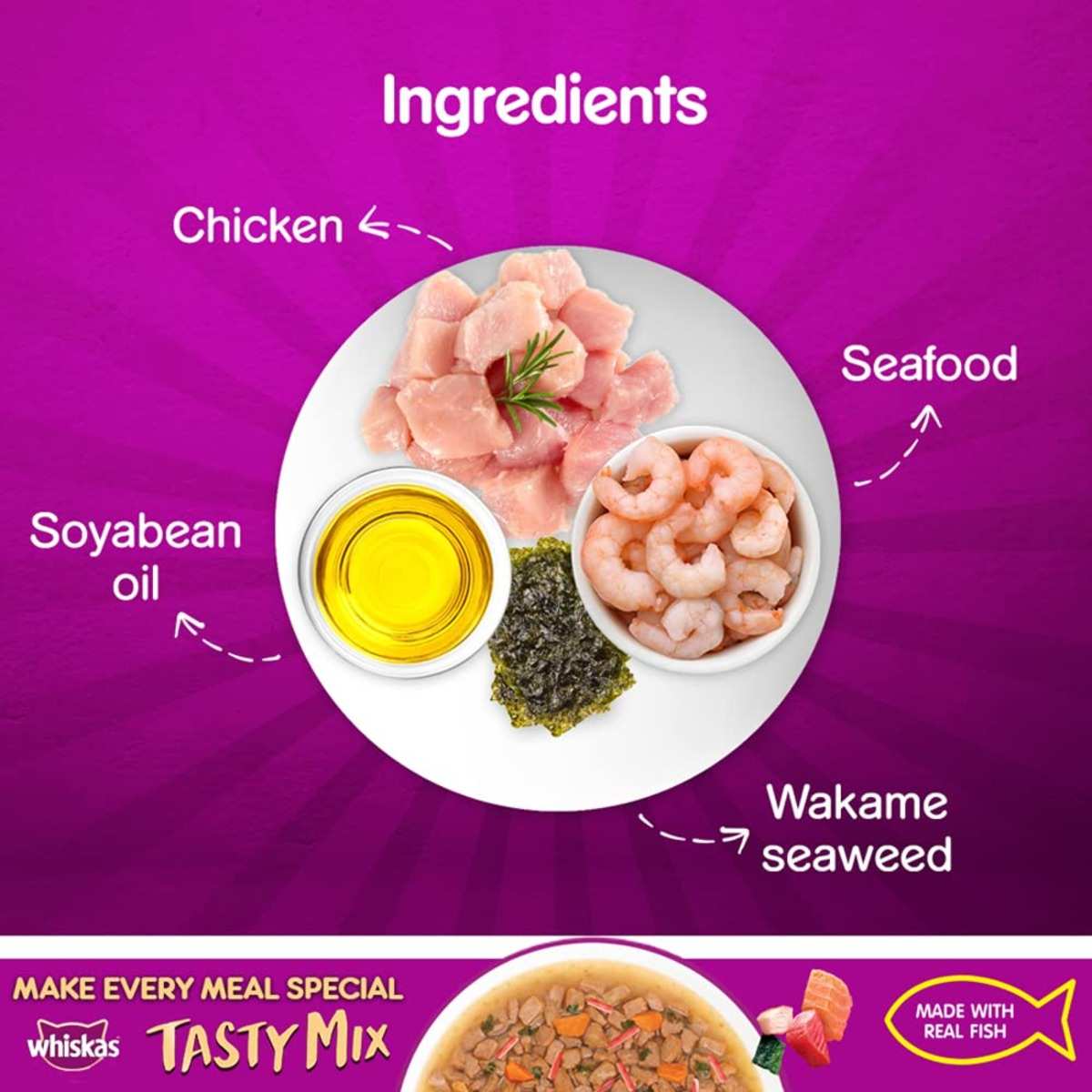 Whiskas Tasty Mix Seafood Cocktail Wakame Seaweed Gravy Wet Cat Food, 70g