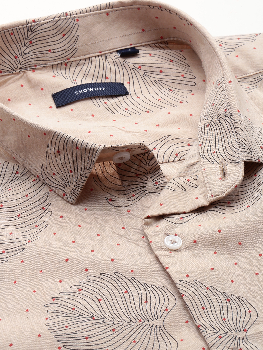 Showoff | SHOWOFF Men's Spread Collar Long Sleeves Printed Beige Shirt 5
