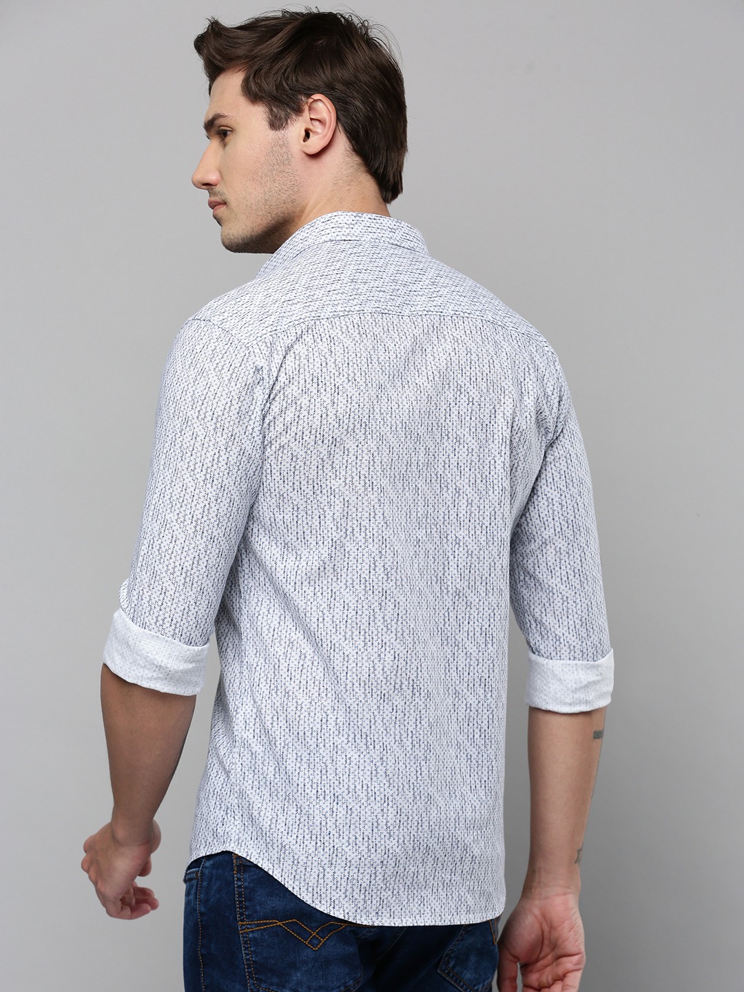 SHOWOFF Men's Spread Collar Long Sleeves Printed White Shirt