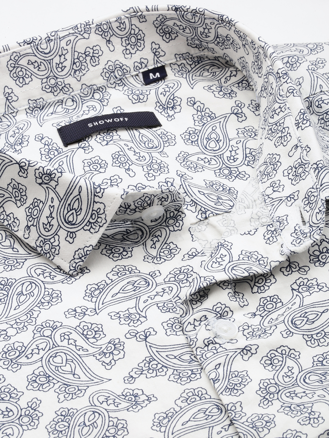 SHOWOFF Men's Spread Collar Long Sleeves Printed White Shirt