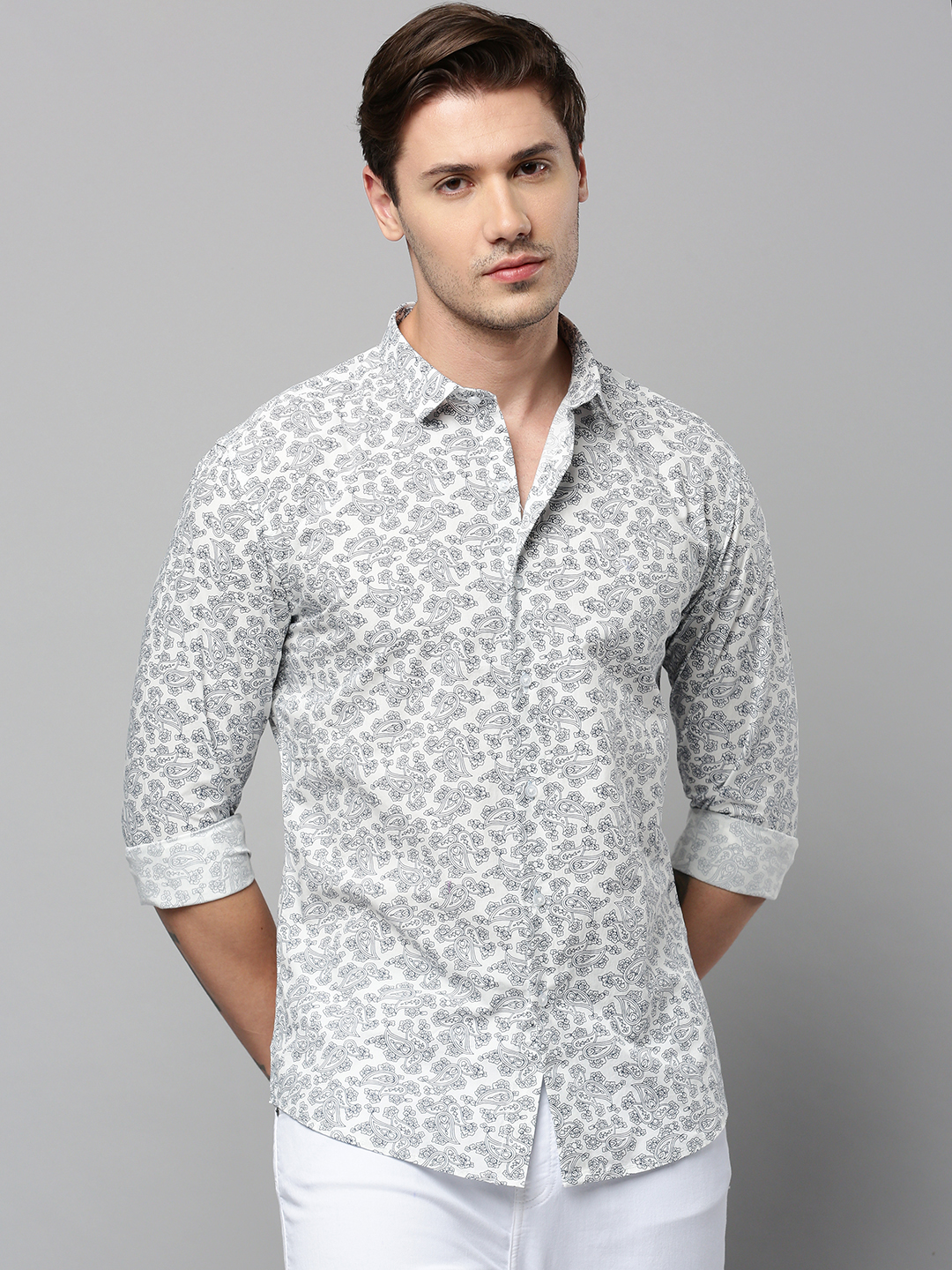 SHOWOFF Men's Spread Collar Long Sleeves Printed White Shirt