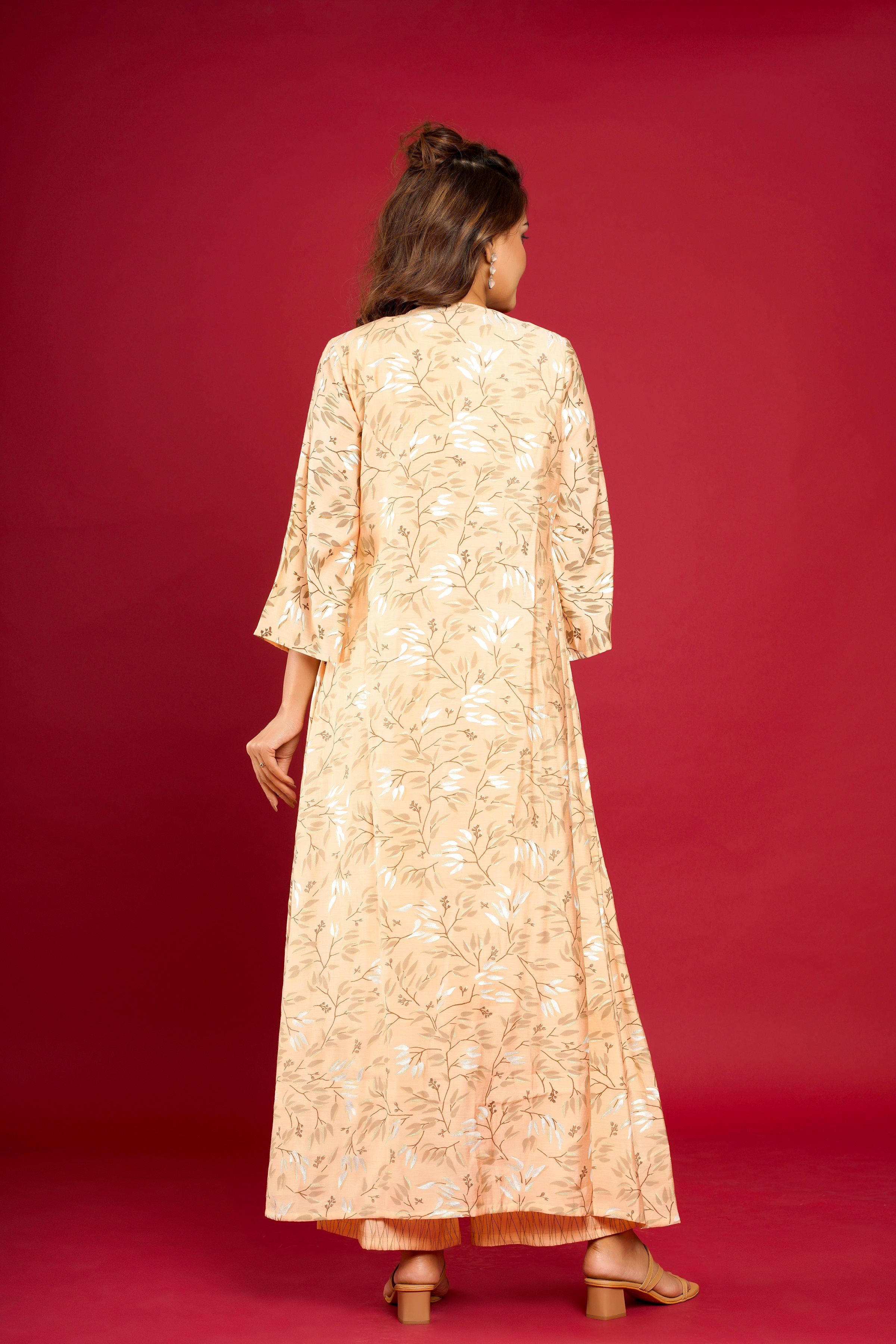 Peach Flower Indo-Western Crop Top With Palazzo & Long Jacket