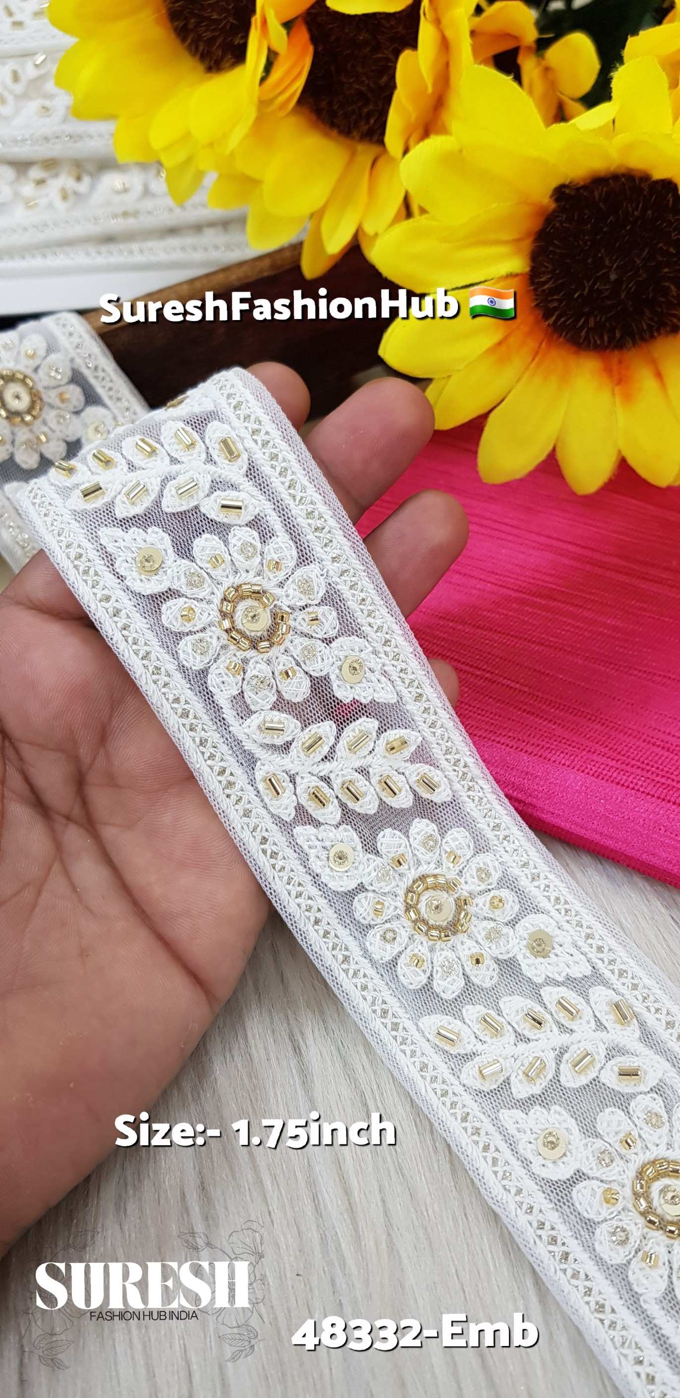 White with Gold Work Floral Net Embroidery Lace – 48332-Emb