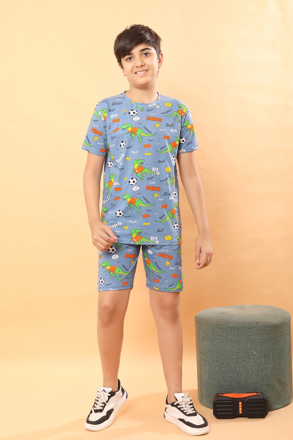Ninos Dreams Boys Dino Print 100 % Cotton Knit Half sleeves Coord Set with T-Shirt & Shorts-Grey