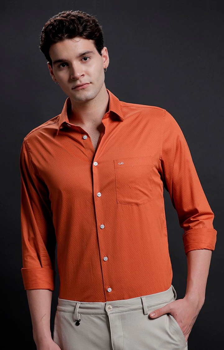 Aldeno | Men's Orange Cotton Printed Formal Shirt