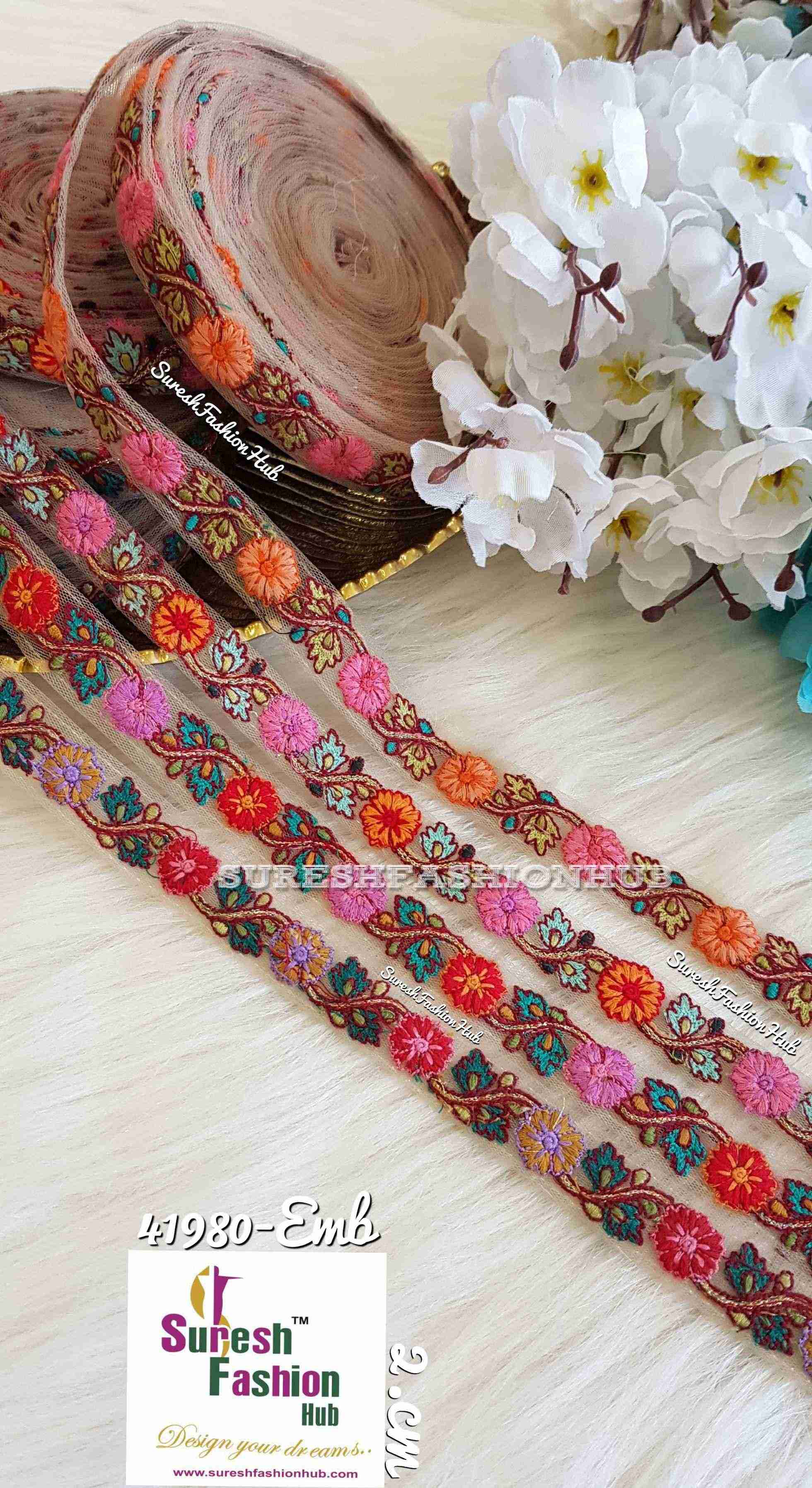 Mesh Beauty Orange & Pink Flowers Thin Ribbon