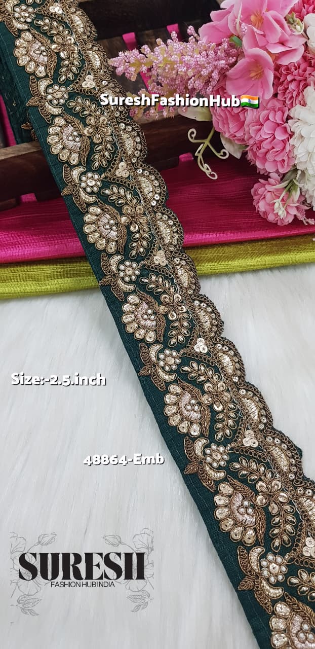 Bottle Green Matt Zari Floral Cutwork Lace – 48864-EMB