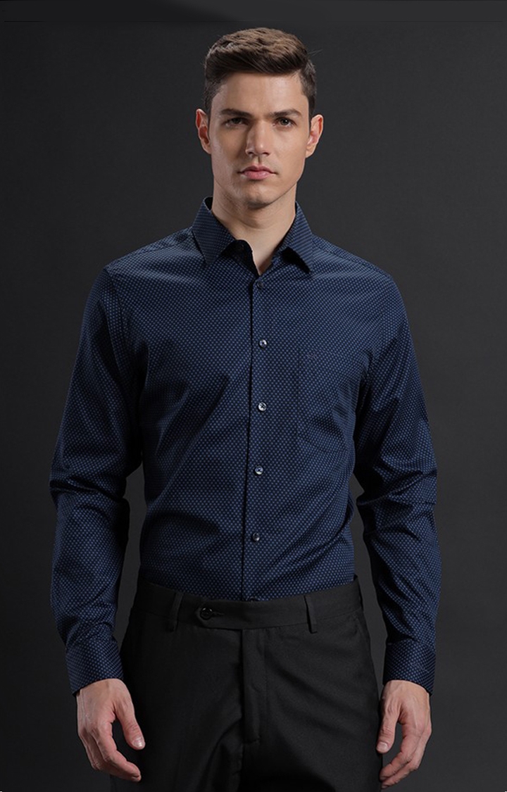Aldeno | Men's Navy Cotton Printed Formal Shirt