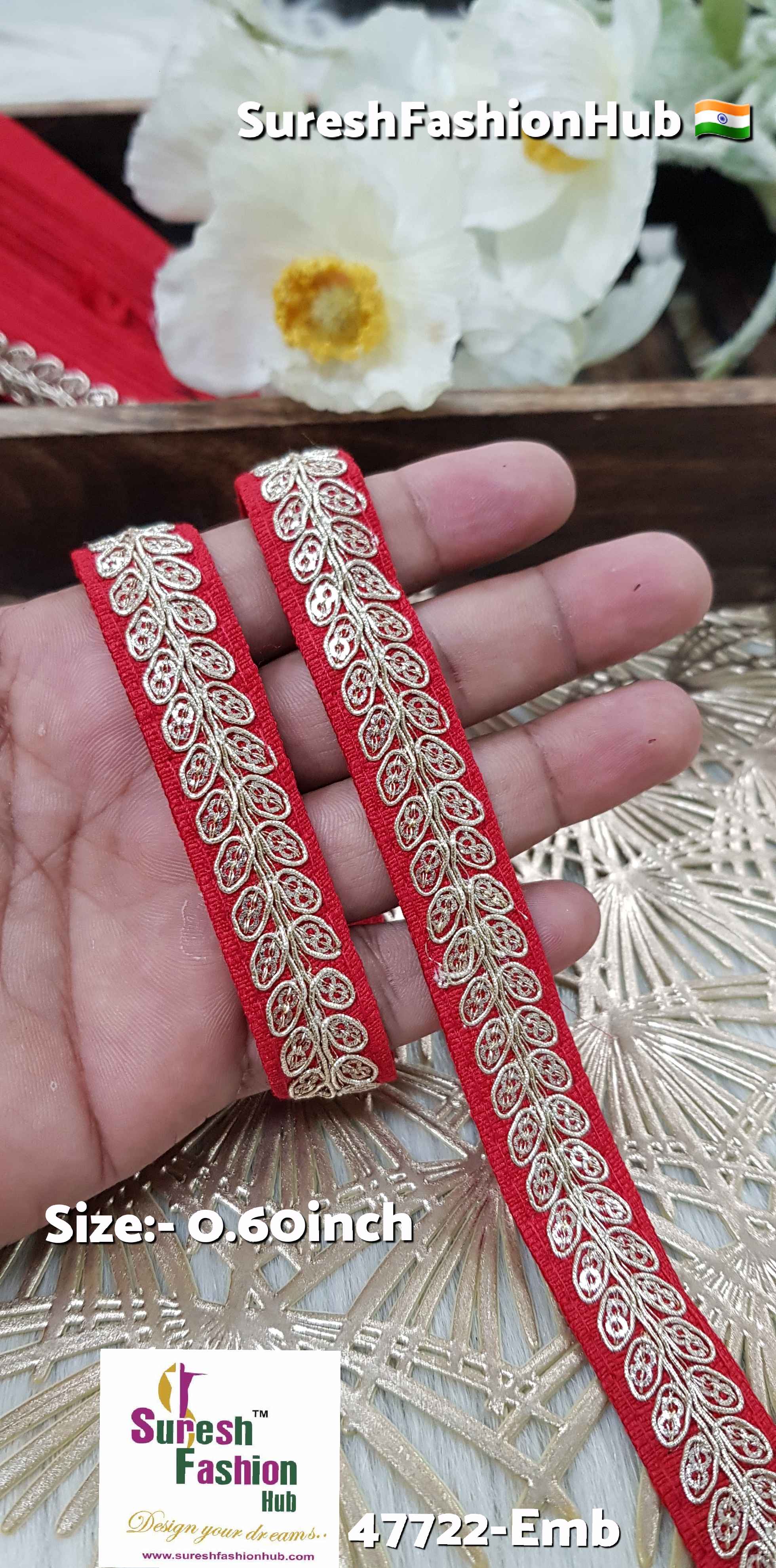 Red Pearl Leaf Embroidered Border