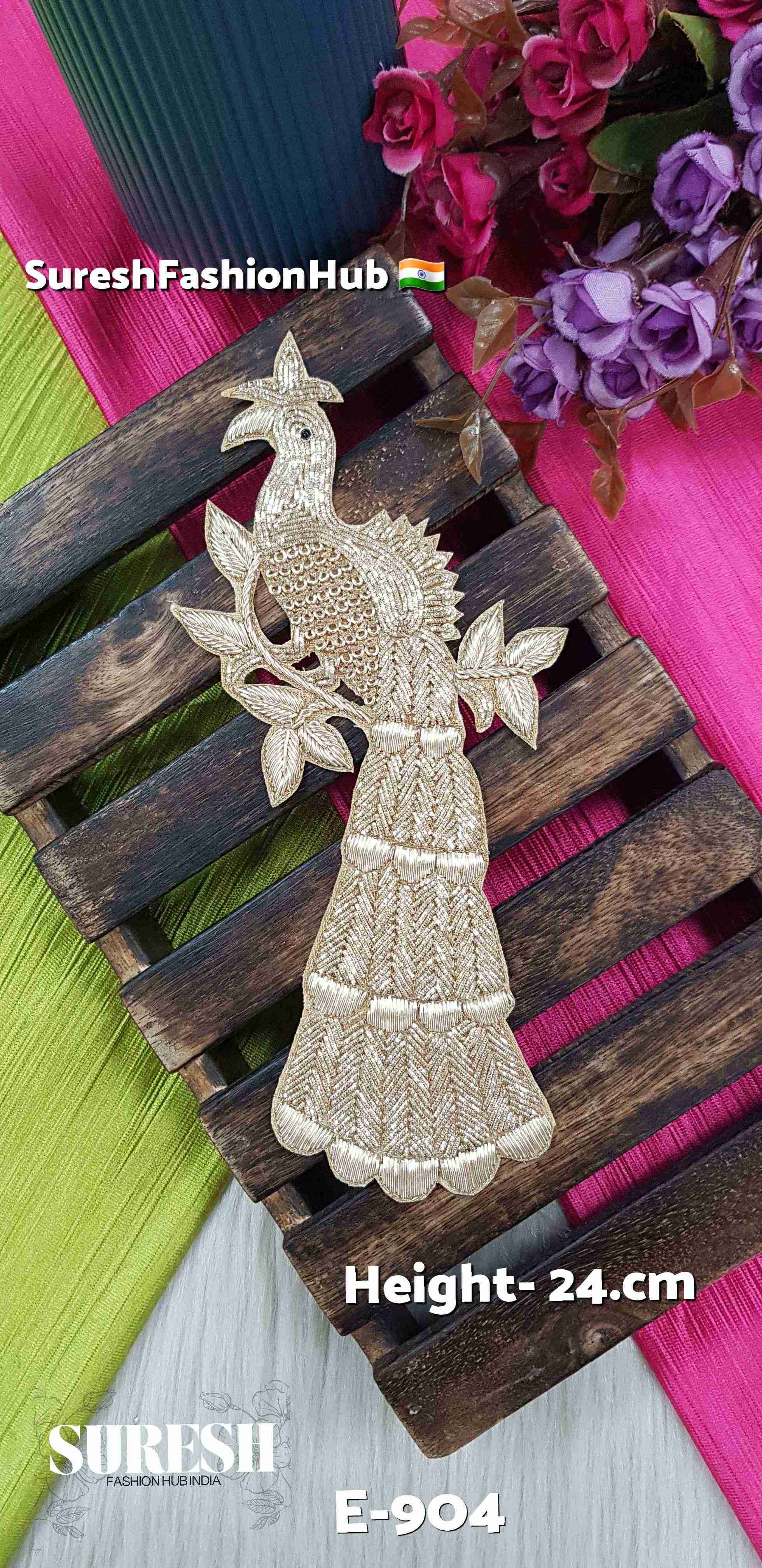 Majestic Nested Peacock Patch – Left Facing Pearl Gold | E-904