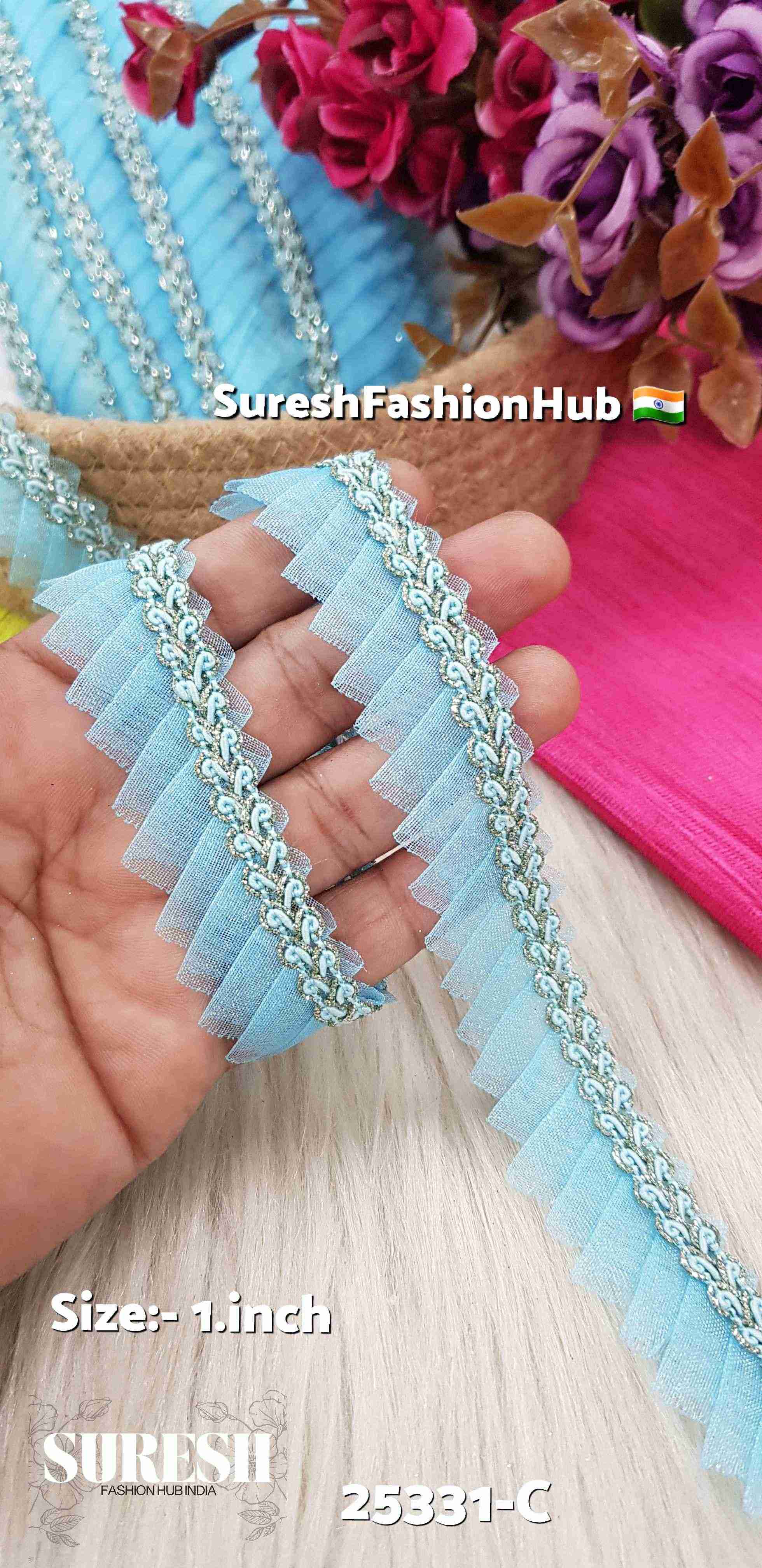 One Side Scallop Organza Jhalar Sky Blue Lace | 25331-C
