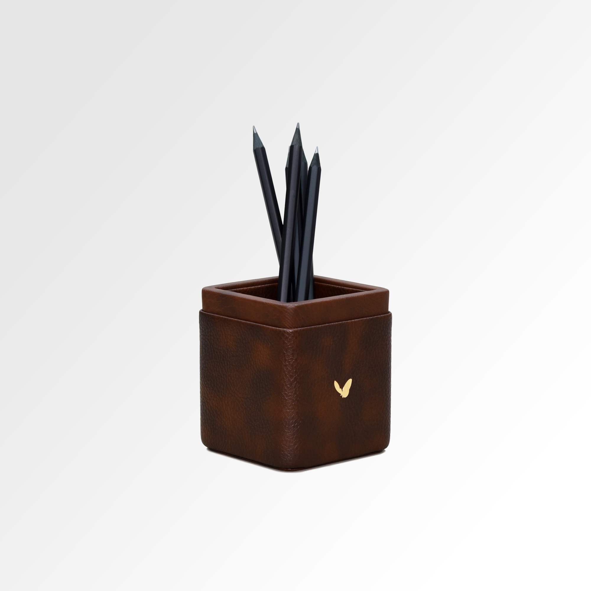 Classic Brown Faux Leather Square Pen Holder