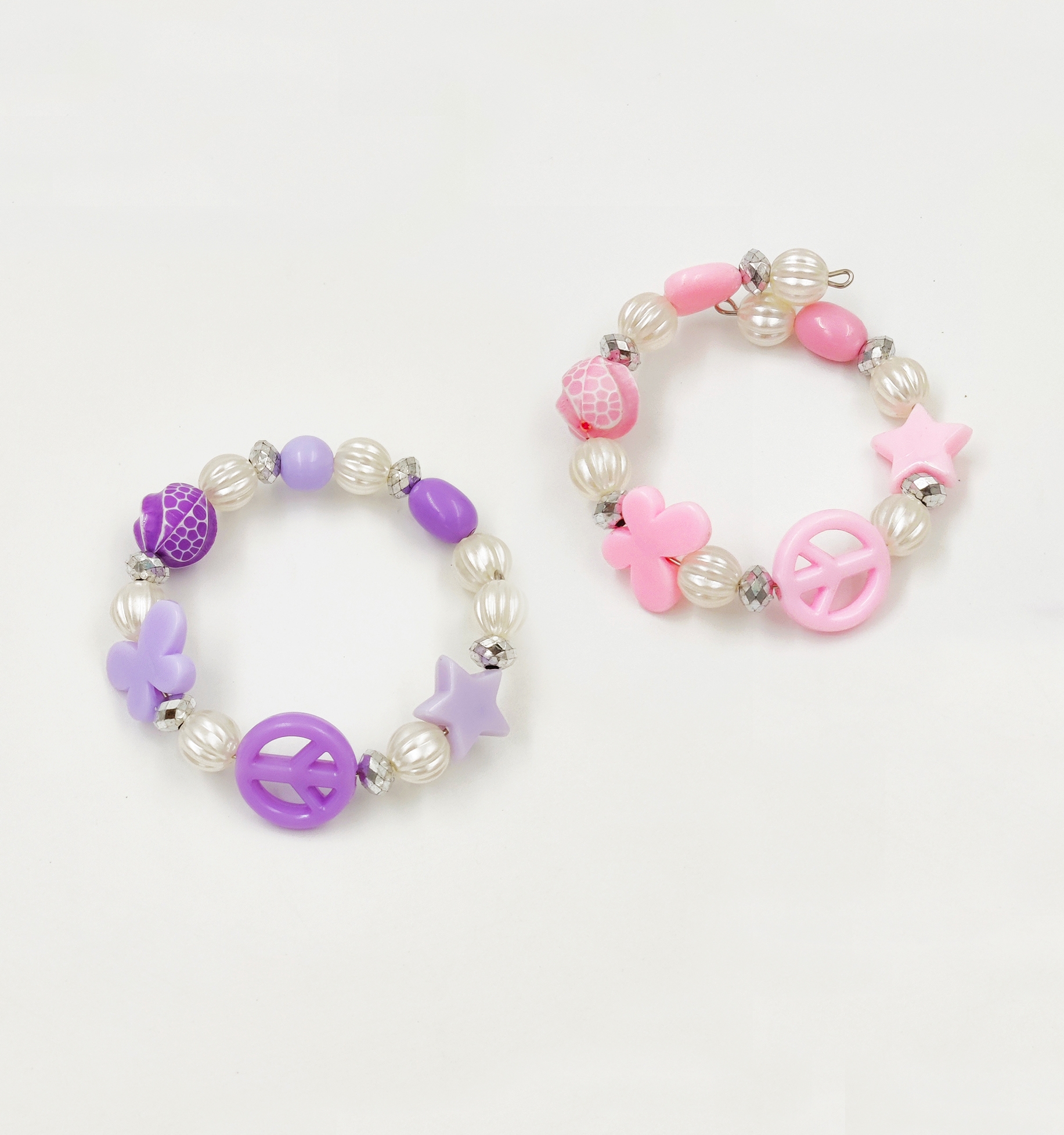 Beaded Charms Bracelet Set Of 2 - Lilac, Pink