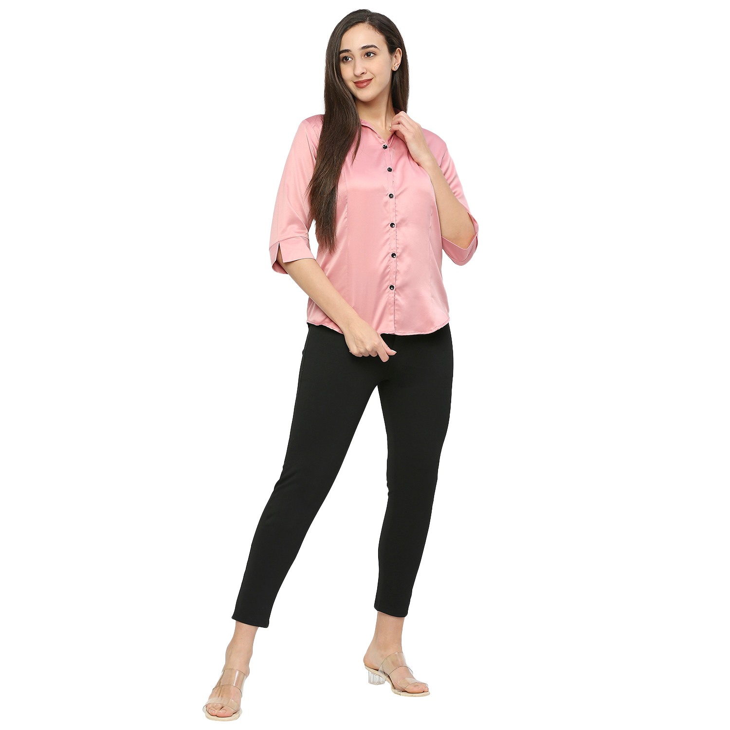 Smarty Pants women's silk satin rose gold color formal shirt.