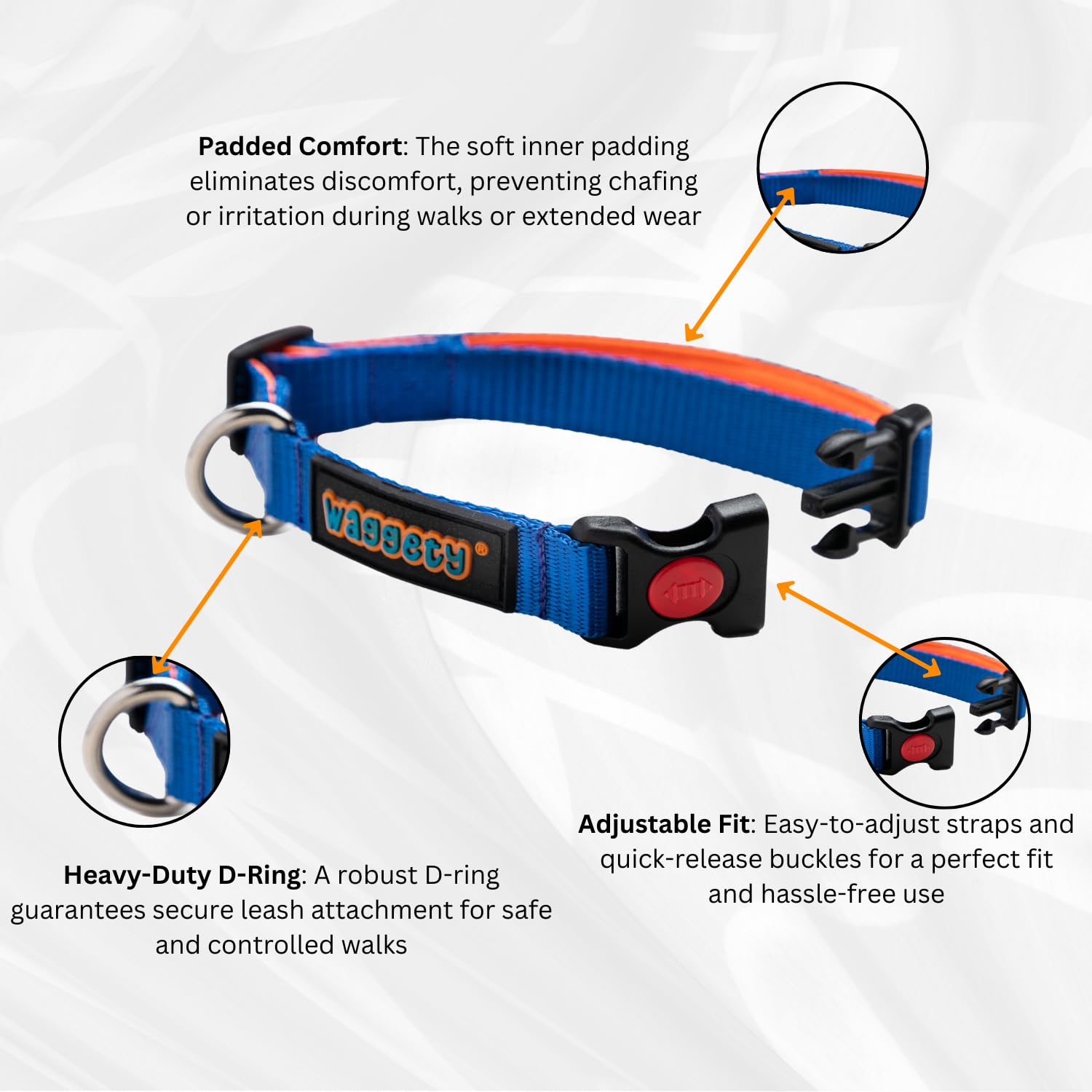 Waggety Padded Dog Collar, Blue