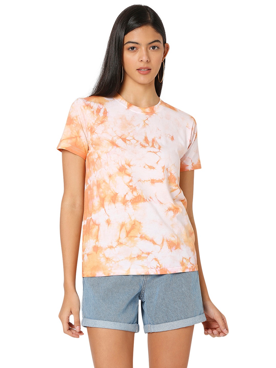 Smarty Pants women's cotton lycra tie dye mustard color round neck t-shirt 