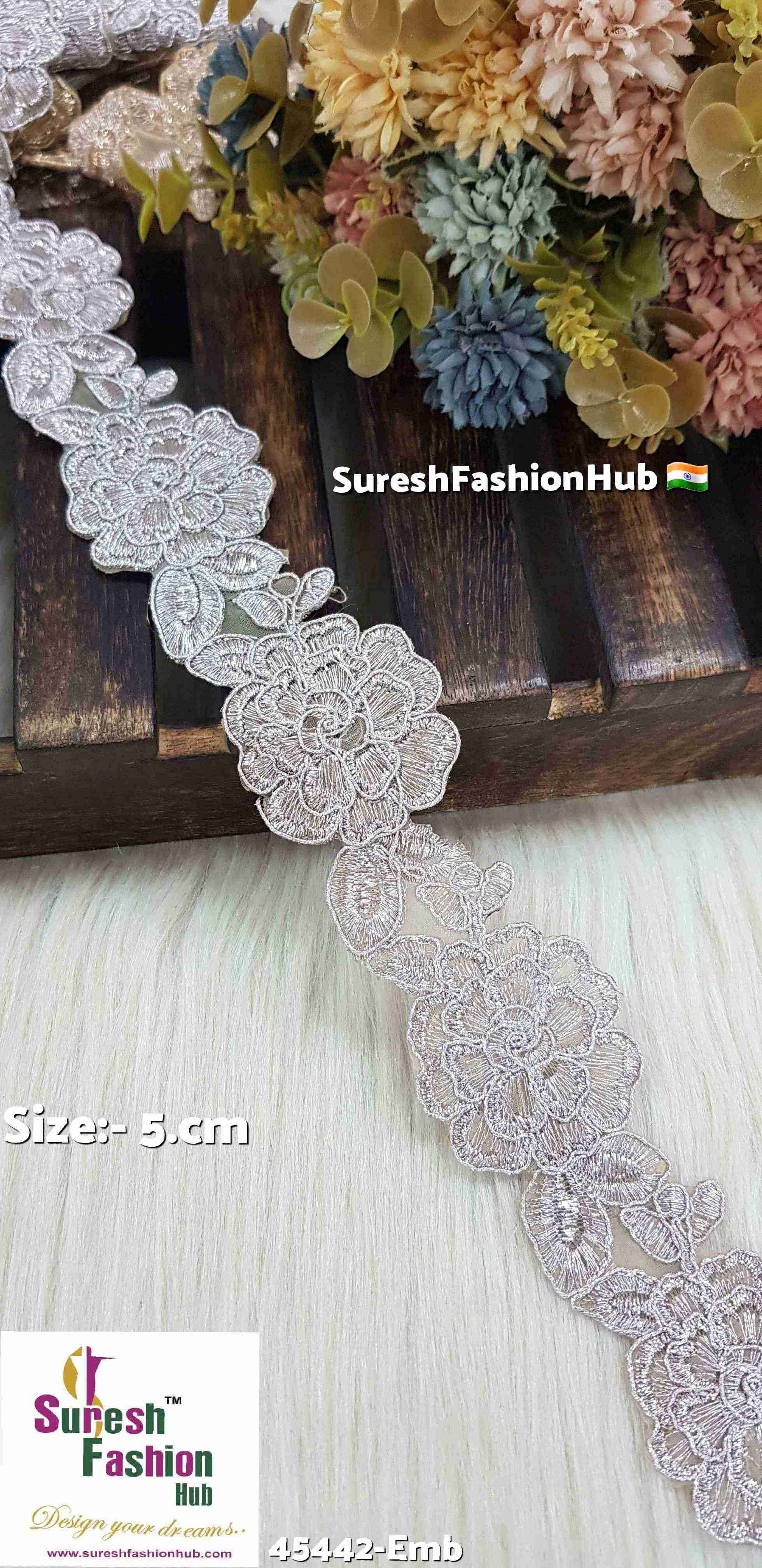 Floral Cutwork Zari  Water Silver Dori Organza Lace