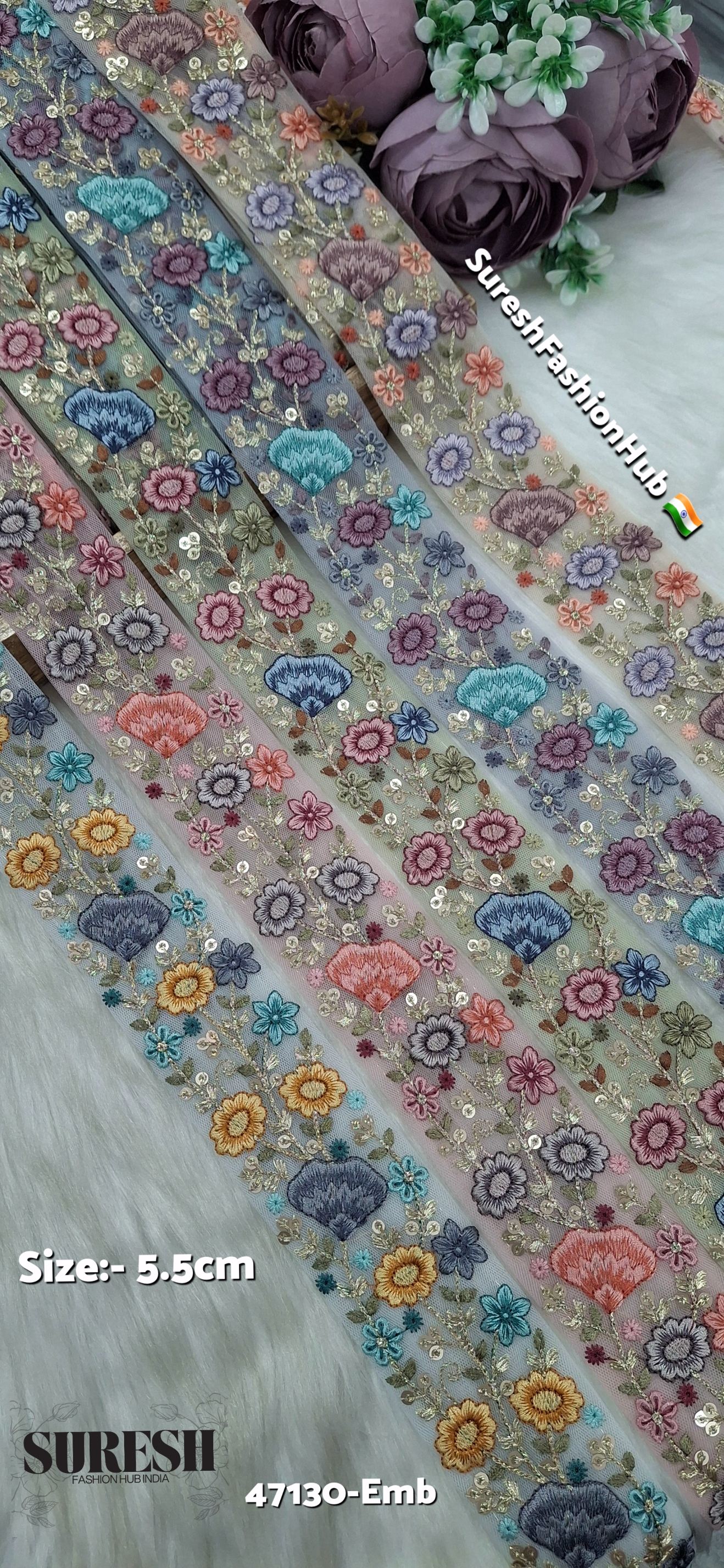 Offwhite Net Multi-Thread Floral Embroidery Lace