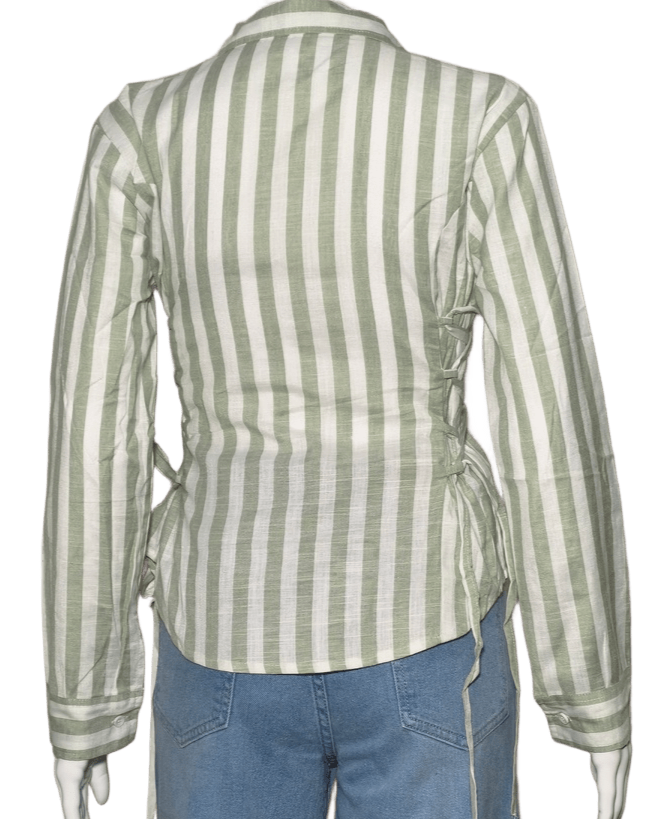 Max Fashion Women's Sage Green & White Striped Cotton Long-Sleeve Shirt