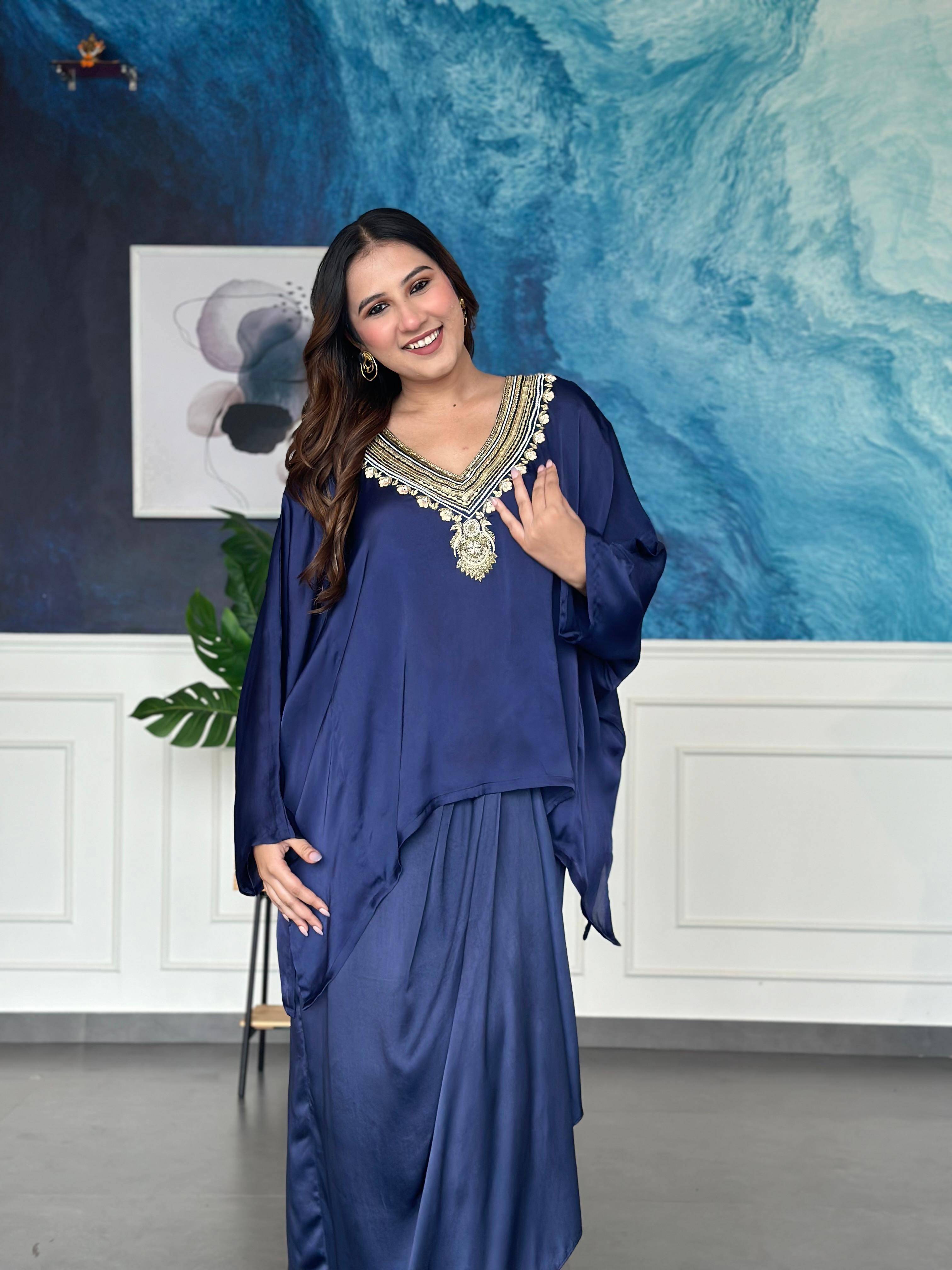 Navy Blue Embroidered Kaftan Set
