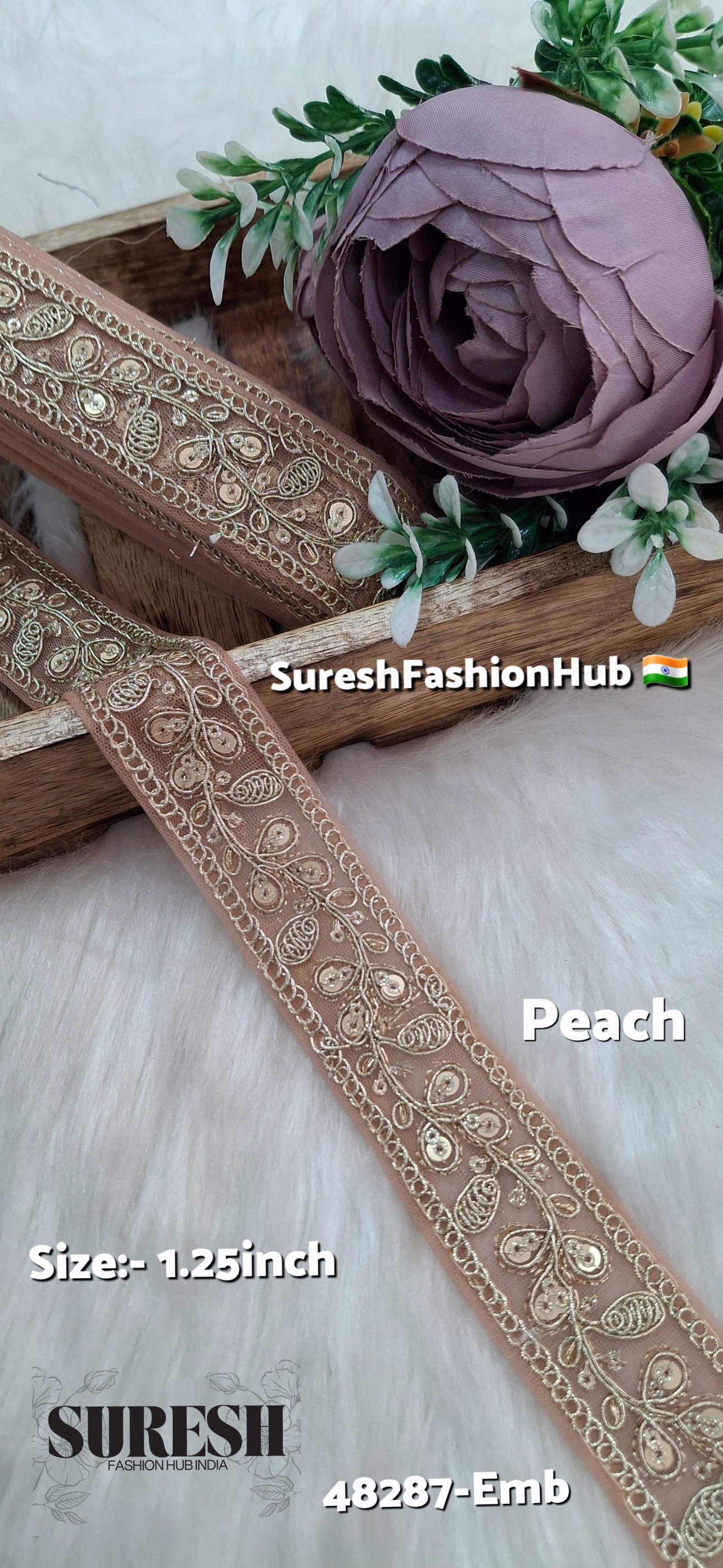 Peach Pearl Dori Zari Embroidery Border Lace
