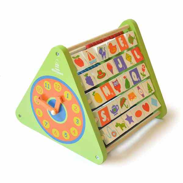 A five-sided wooden Shumee Activity Triangle that promises hours of fun for toddlers as they explore the alphabet, numbers, patterns, and more.