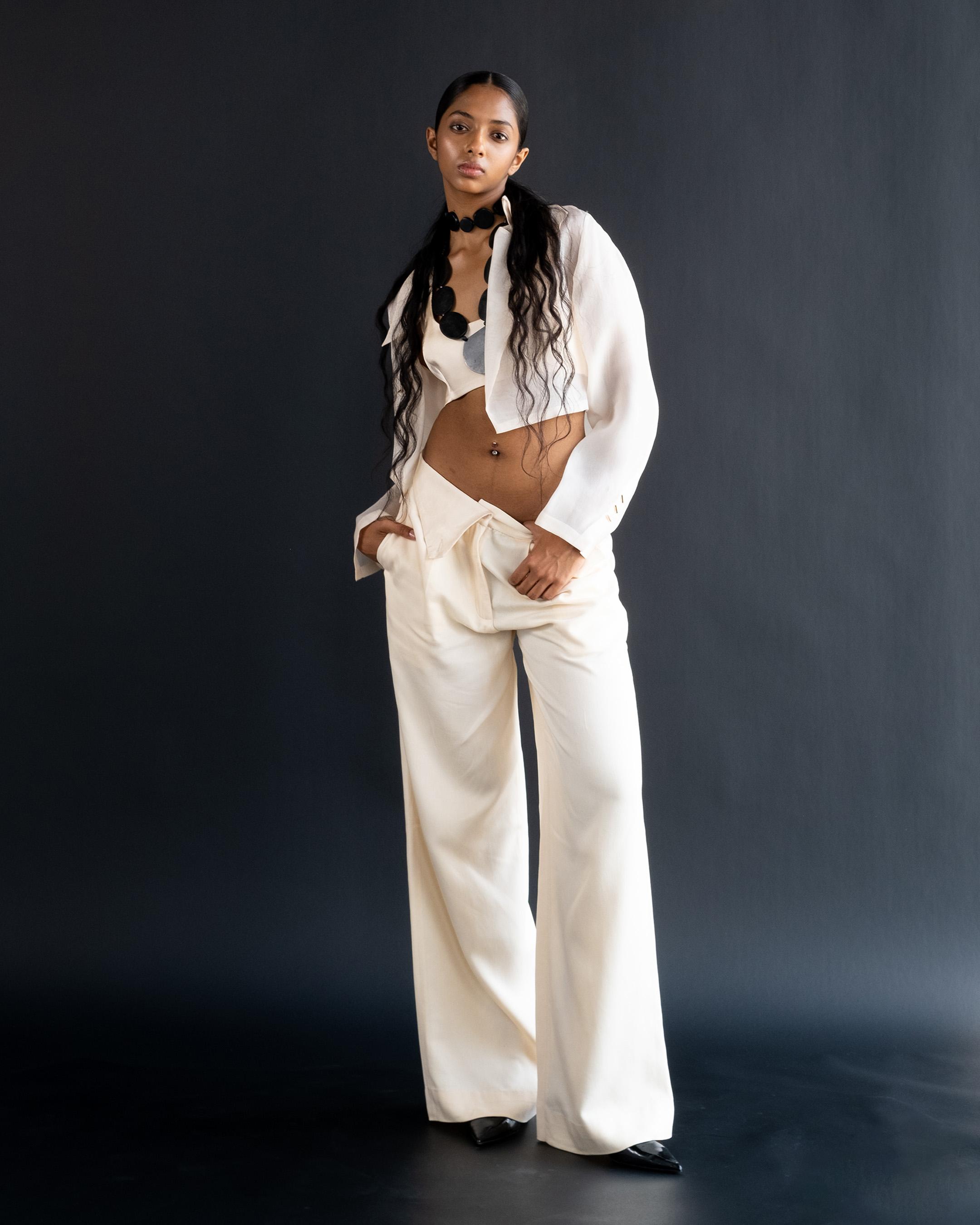 Butter Cream Organza Shirt With Pants