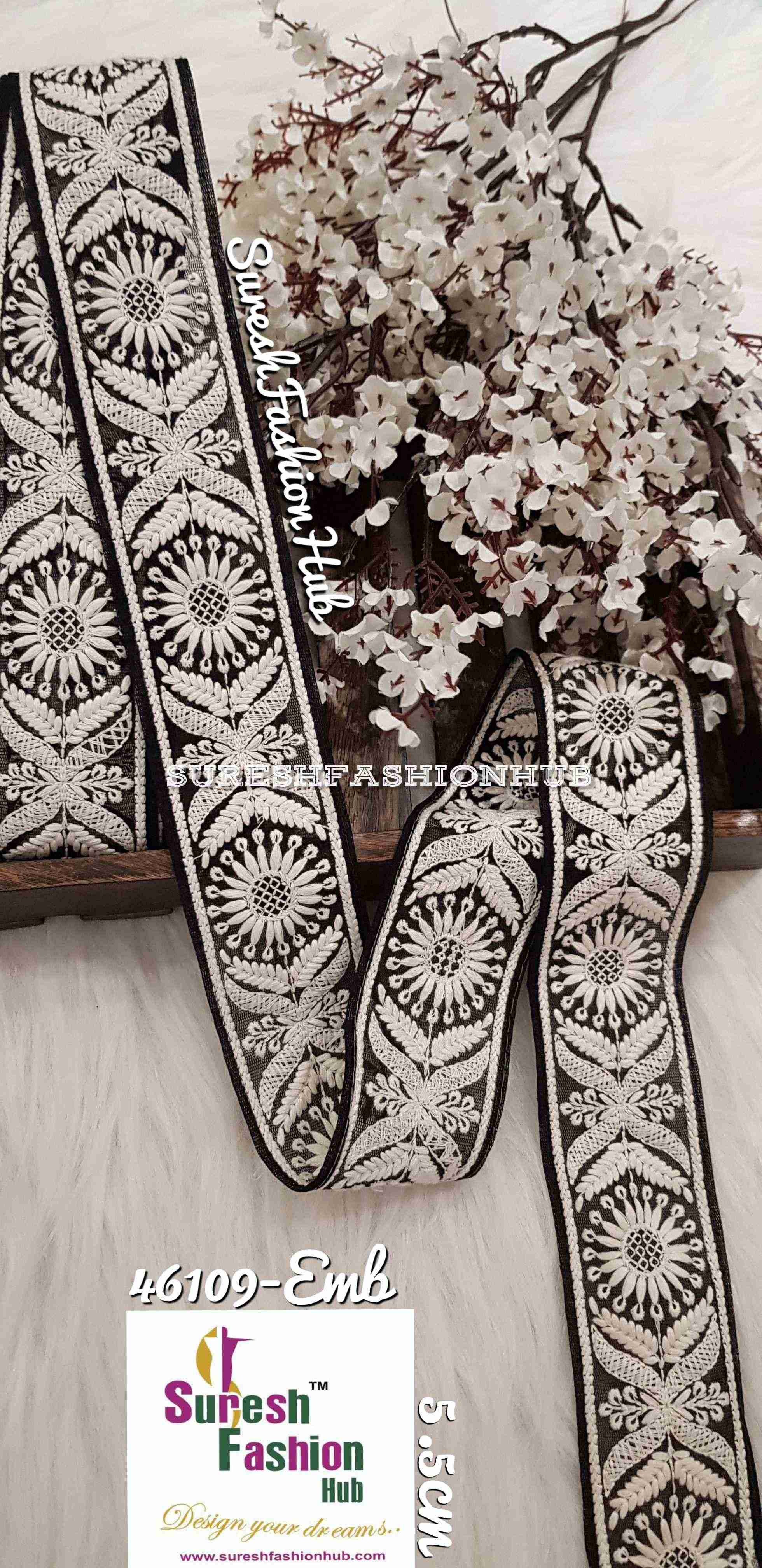 Thread Embroidered Flower & Leaves Black Color Trim
