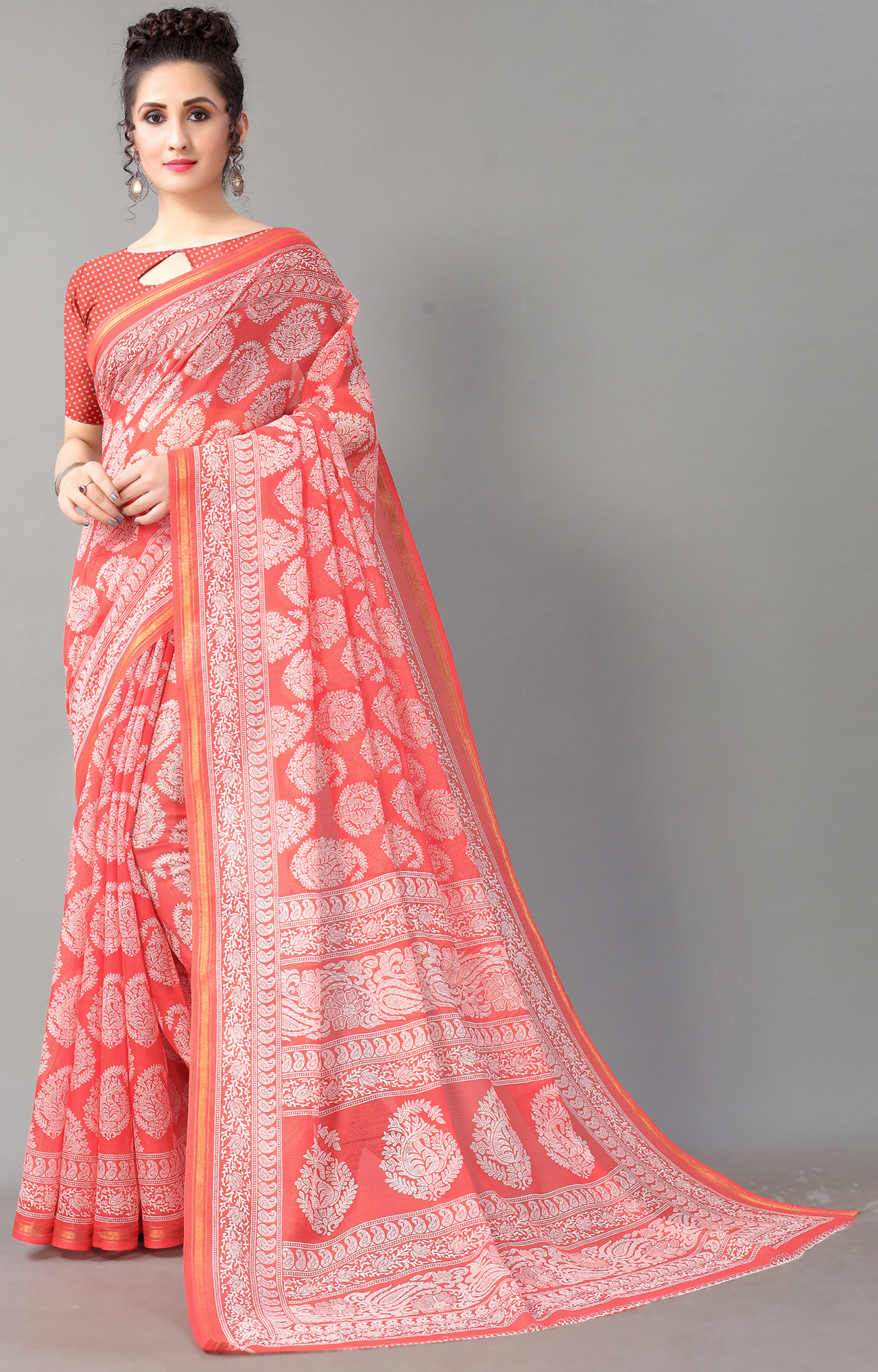 Women Peach Batick Block Print Casual Wear Saree-HAL21CTN00036PEACH