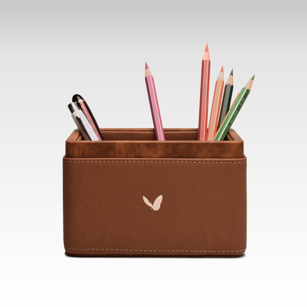 Ultra Premium Pen/Pencil Holder / Desk Organizer / Accessories in Premium Faux Leather | Rectangular | Size: 3.5x5.5x3.5(H) Inches | Two Compartment | Lycra Series (Camel)