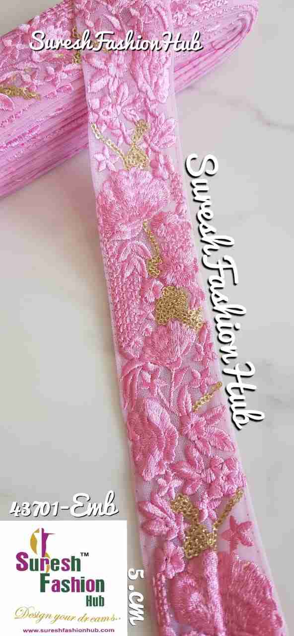 Golden Zari Threaded Petals On Baby Pink  Net Embroidery Trim