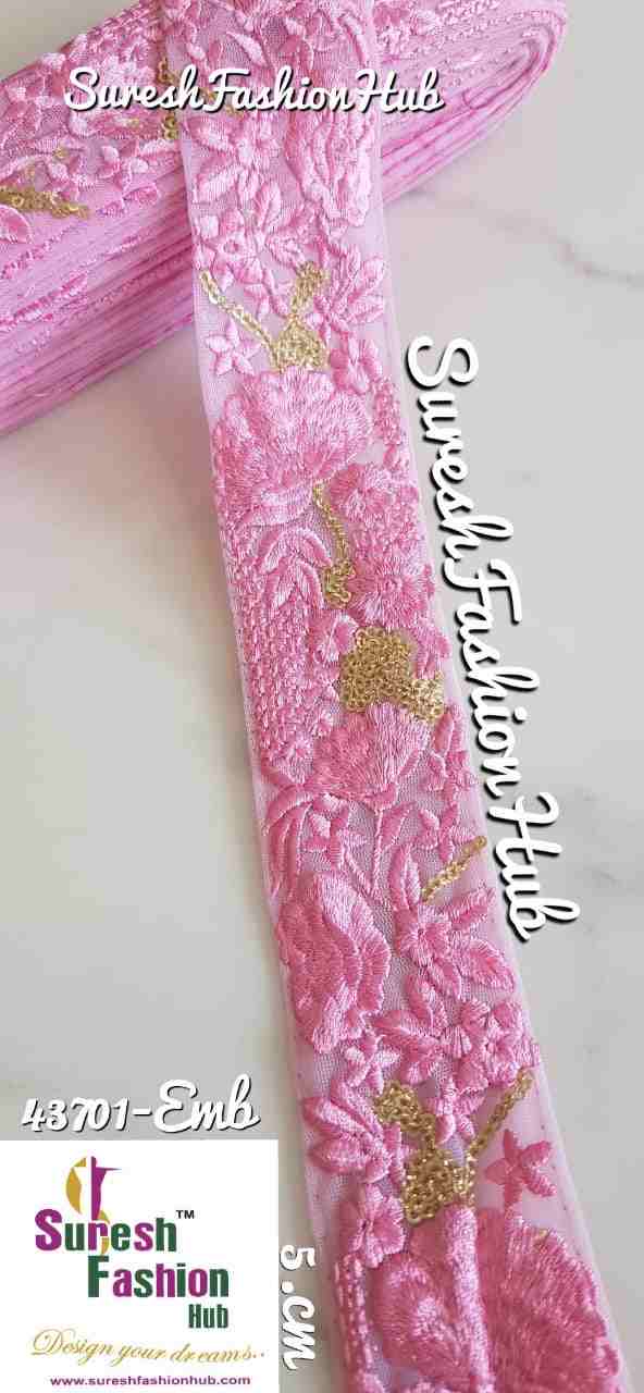 Golden Zari Threaded Petals On Baby Pink  Net Embroidery Trim