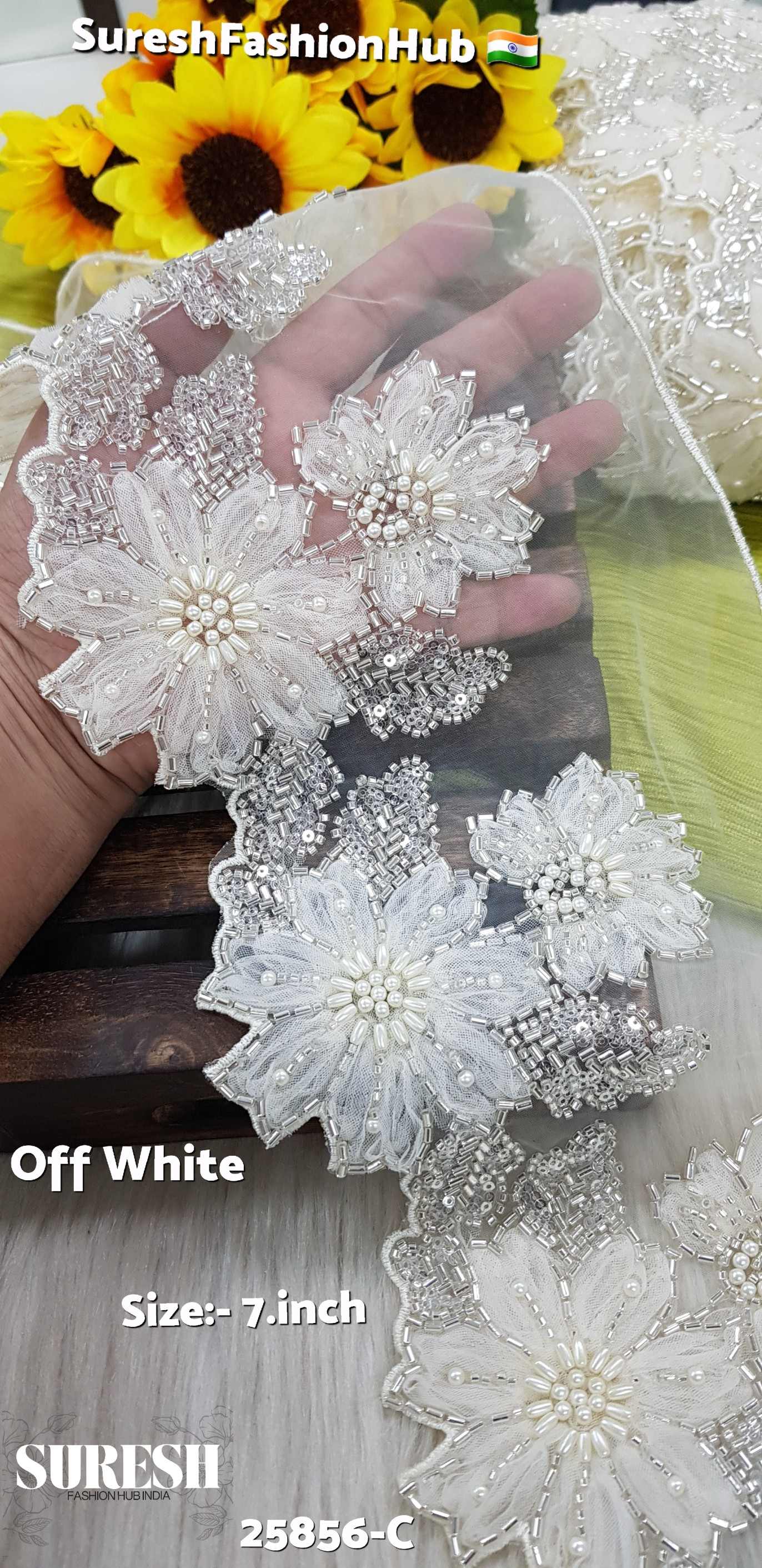 Imported  Off whiite  Floral Cutdana & Pearl Organza Lace