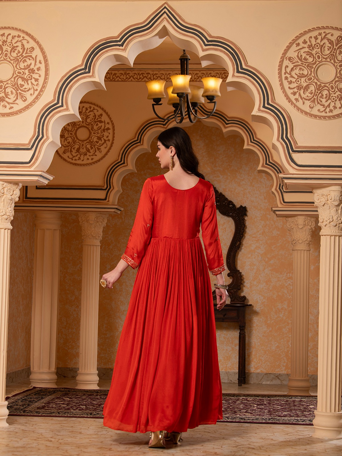 ALBION FANCY LADIES ETHNIC ORANGE KURTI SET
