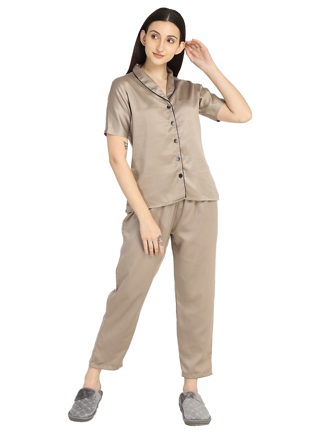 Smarty Pants women's silk satin chocolate brown color shawl collar night suit.
