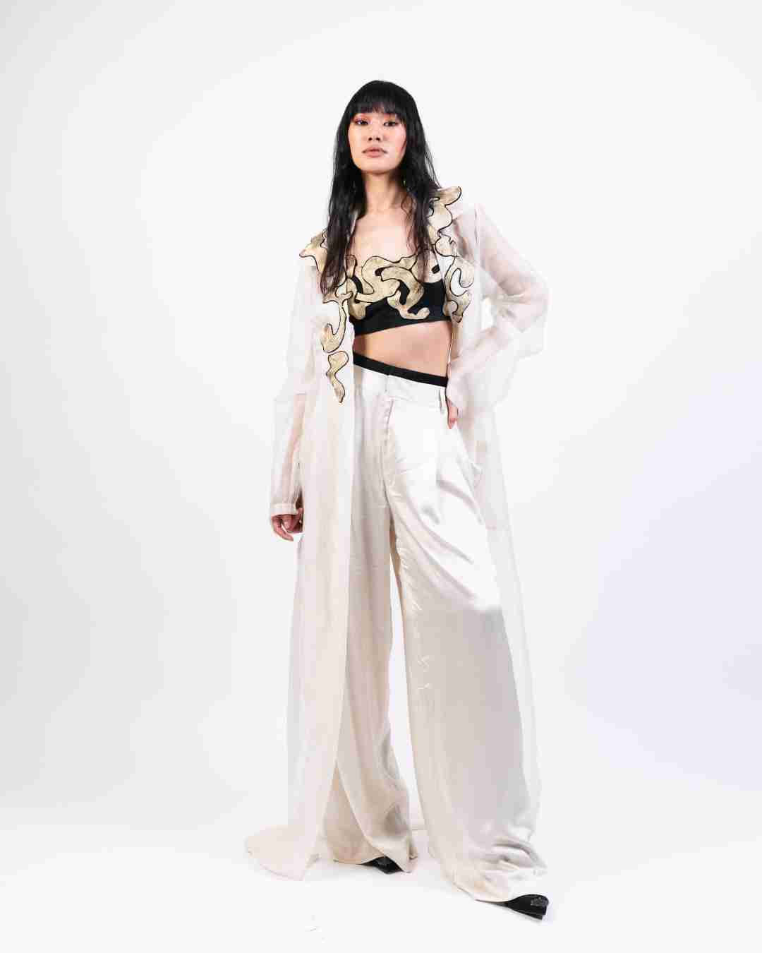 AKOK Multicolor Silk Crop top with trouser and Long Coat Co-ords